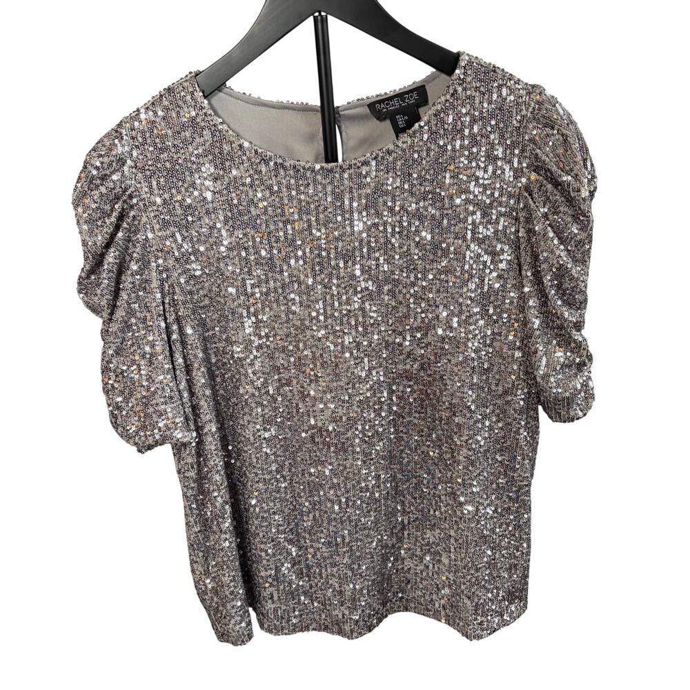 Rachel Zoe womens silver sequin short sleeve shirt. balloon sleeve Size L. party